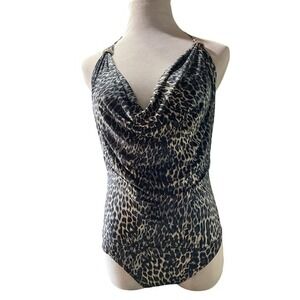 Baby Phat Women Leopard Print Cowl Neck Halter Bodysuit Grey Black XL
